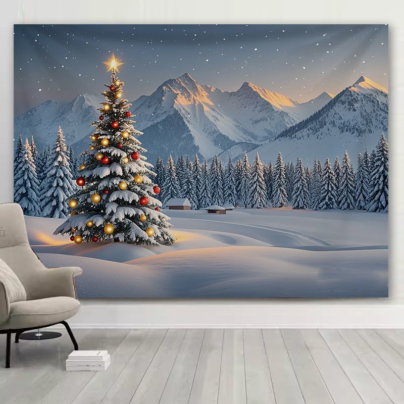 Christmas Tree Artificial - VIKAMA Schneeberg-Weihnachtsbaum-Wandteppich, realistische Fotografie, Kiefernwald, verschneite